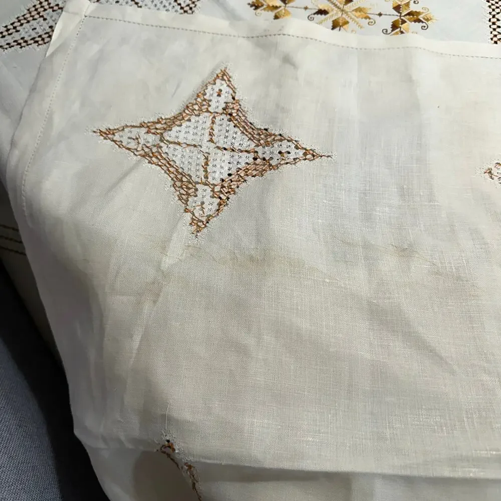 Vintage Hand-Stitched Irish Linen Tablecloth Cream Gold 63